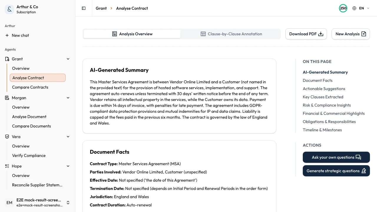 Contract review showing risks, questions, and the original clauses behind them.